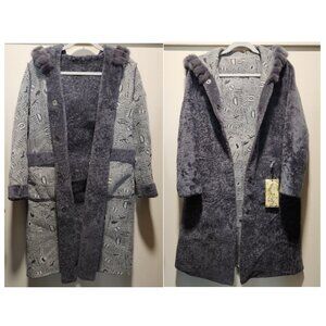 NWT Genuine mink fur trim leather and shearling reversible hooded long coat